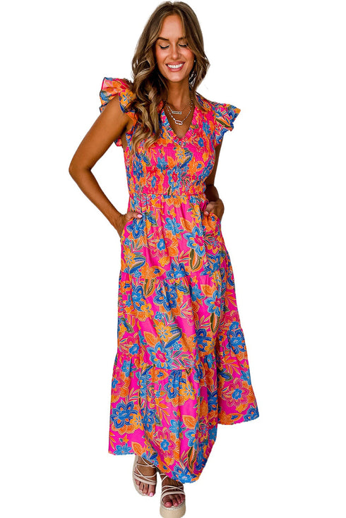 Smocked Bodice Flutter Sleeve Tiered Floral Maxi Dress