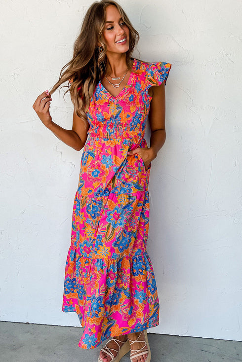 Smocked Bodice Flutter Sleeve Tiered Floral Maxi Dress