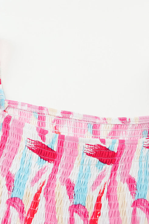 Smocked Bodice Puff Sleeve Abstract Print Midi Dress