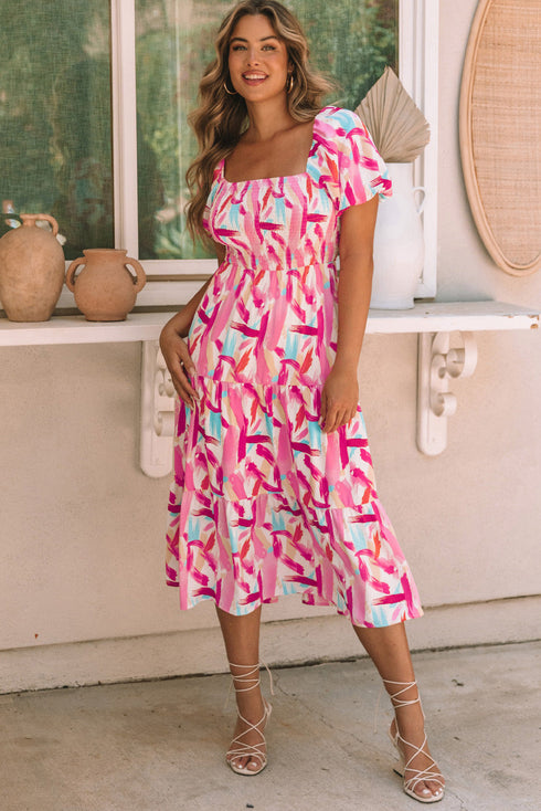 Smocked Bodice Puff Sleeve Abstract Print Midi Dress