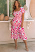 Smocked Bodice Puff Sleeve Abstract Print Midi Dress