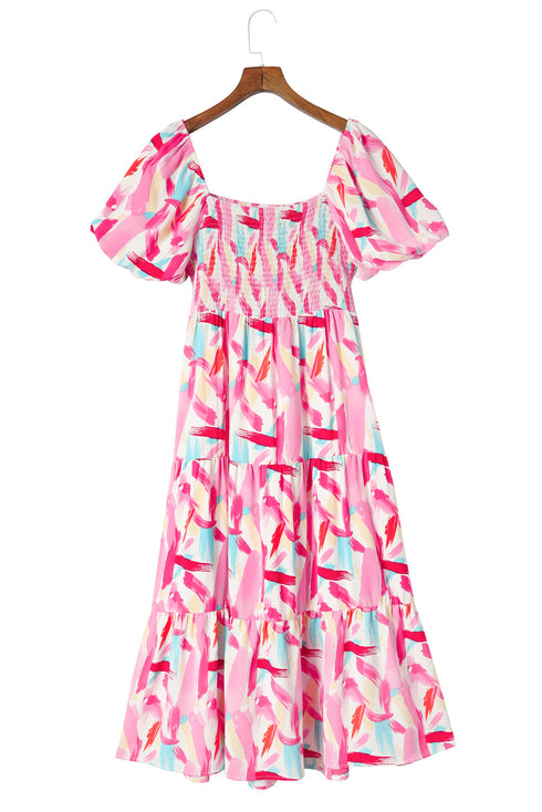 Smocked Bodice Puff Sleeve Abstract Print Midi Dress