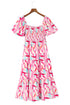 Smocked Bodice Puff Sleeve Abstract Print Midi Dress