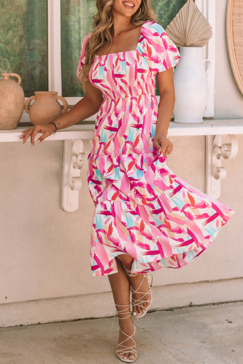 Smocked Bodice Puff Sleeve Abstract Print Midi Dress