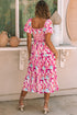 Smocked Bodice Puff Sleeve Abstract Print Midi Dress