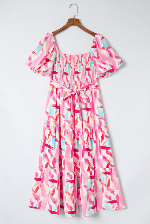 Smocked Bodice Puff Sleeve Abstract Print Midi Dress