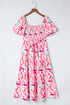 Smocked Bodice Puff Sleeve Abstract Print Midi Dress