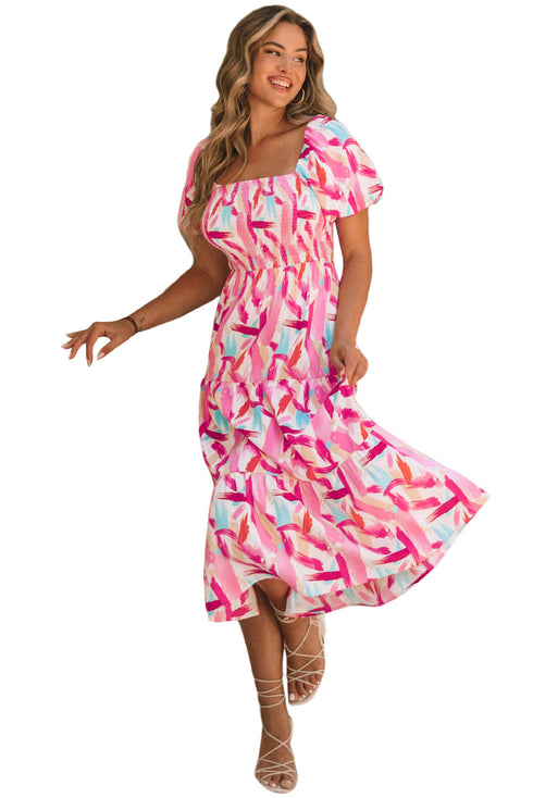 Smocked Bodice Puff Sleeve Abstract Print Midi Dress