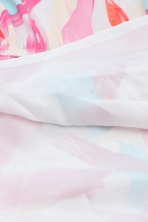 Smocked Bodice Puff Sleeve Abstract Print Midi Dress