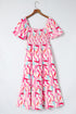 Smocked Bodice Puff Sleeve Abstract Print Midi Dress