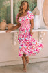 Smocked Bodice Puff Sleeve Abstract Print Midi Dress