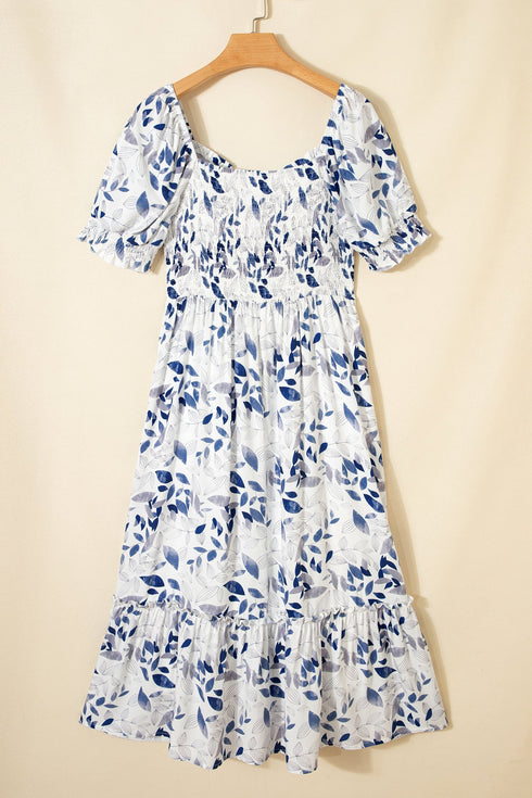 Smocked Bodice Puff Sleeve Bohemian A Line Floral Dress