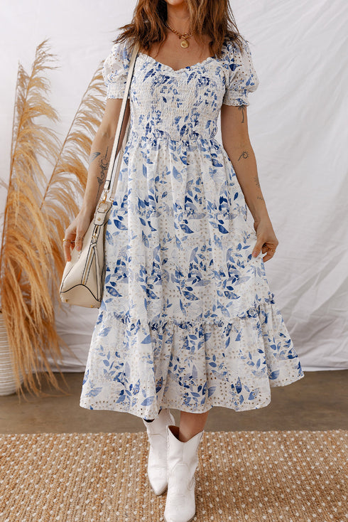 Smocked Bodice Puff Sleeve Bohemian A Line Floral Dress