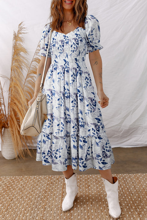 Smocked Bodice Puff Sleeve Bohemian A Line Floral Dress