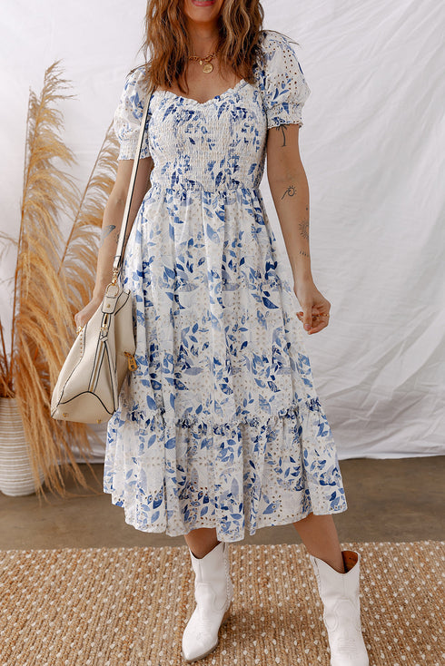 Smocked Bodice Puff Sleeve Bohemian A Line Floral Dress