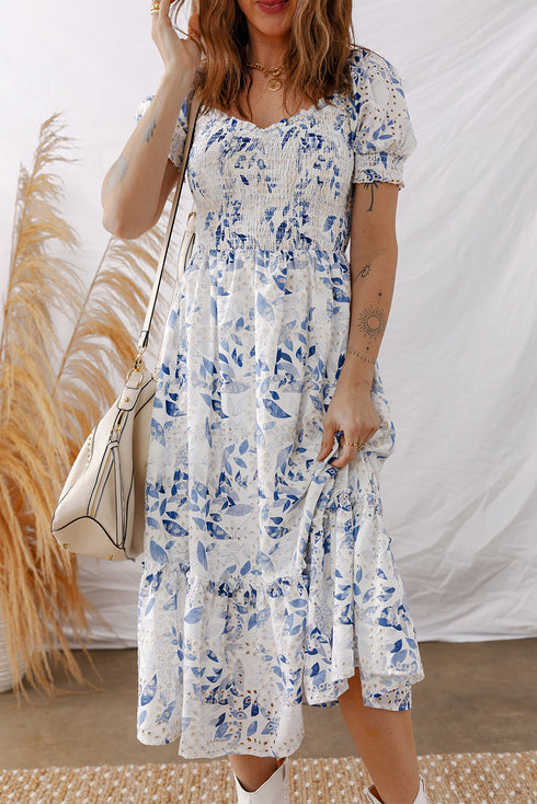 Smocked Bodice Puff Sleeve Bohemian A Line Floral Dress