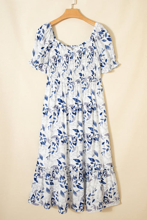 Smocked Bodice Puff Sleeve Bohemian A Line Floral Dress