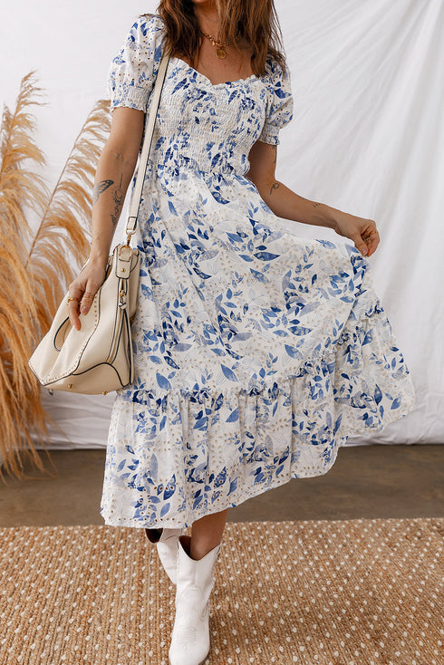 Smocked Bodice Puff Sleeve Bohemian A Line Floral Dress