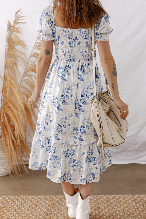 Smocked Bodice Puff Sleeve Bohemian A Line Floral Dress