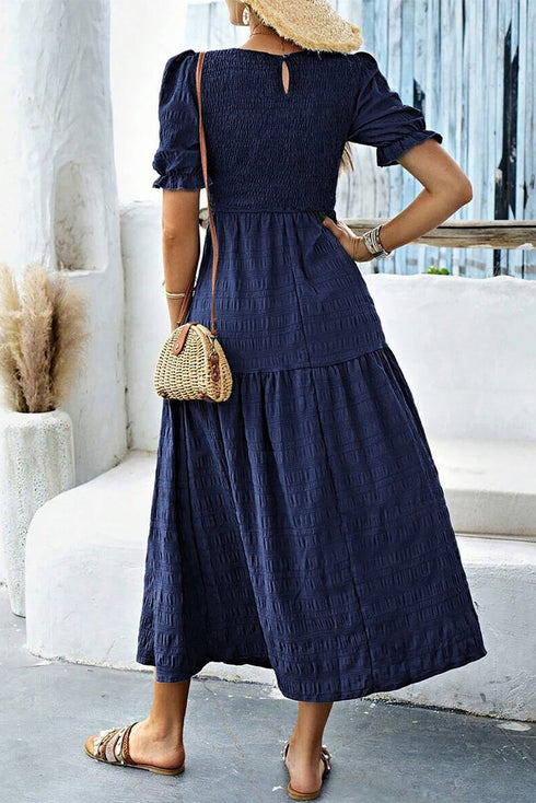 Smocked Bodice Puff Sleeve Tiered Textured A Line Midi Dress