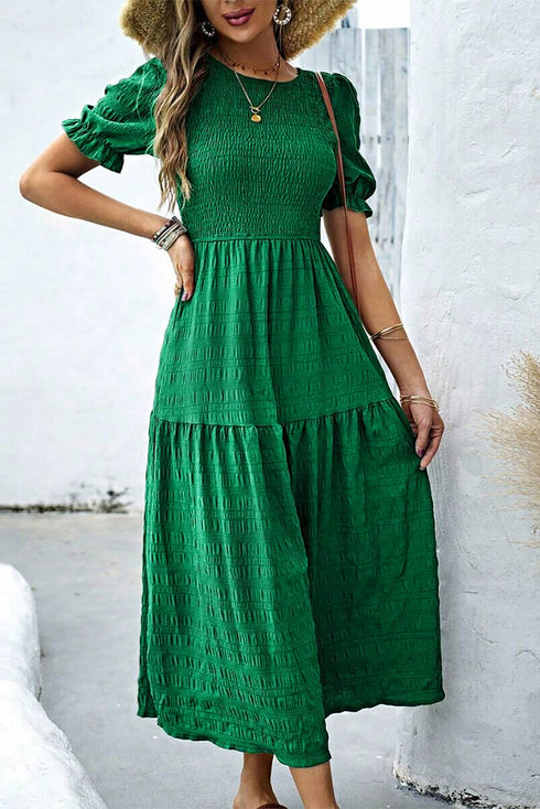 Smocked Bodice Puff Sleeve Tiered Textured A Line Midi Dress