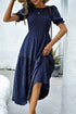 Smocked Bodice Puff Sleeve Tiered Textured A Line Midi Dress