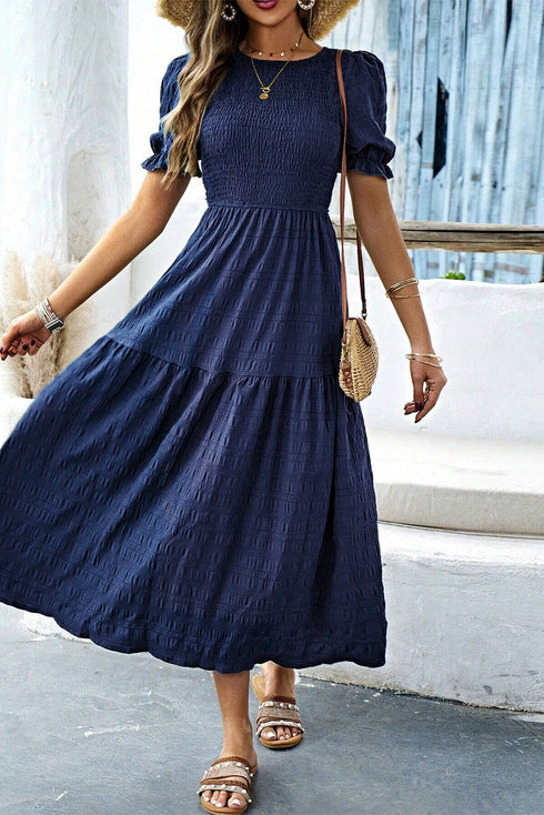 Smocked Bodice Puff Sleeve Tiered Textured A Line Midi Dress