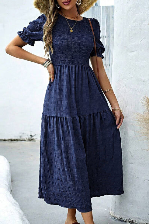 Smocked Bodice Puff Sleeve Tiered Textured A Line Midi Dress