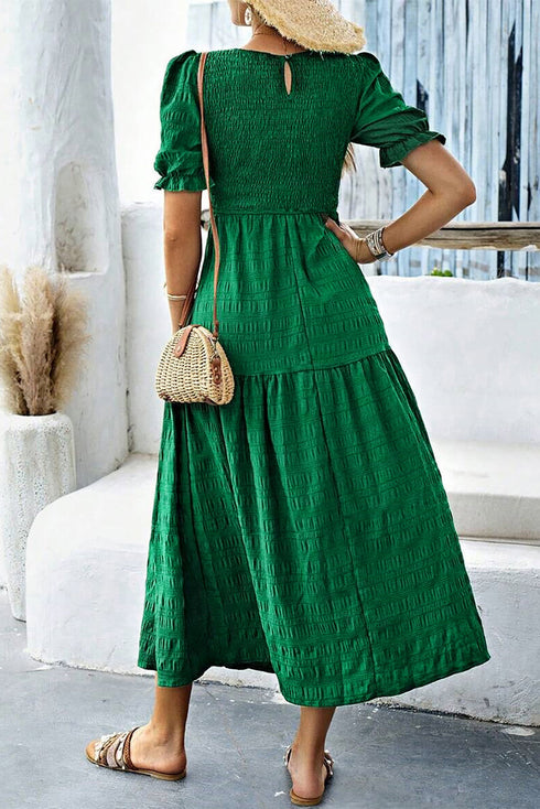 Smocked Bodice Puff Sleeve Tiered Textured A Line Midi Dress