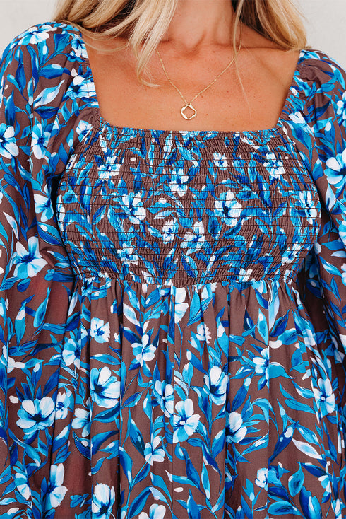 Smocked Bodice Ruffled Sleeve A Line Floral Dress