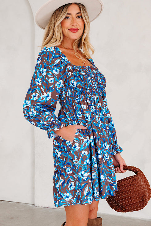 Smocked Bodice Ruffled Sleeve A Line Floral Dress