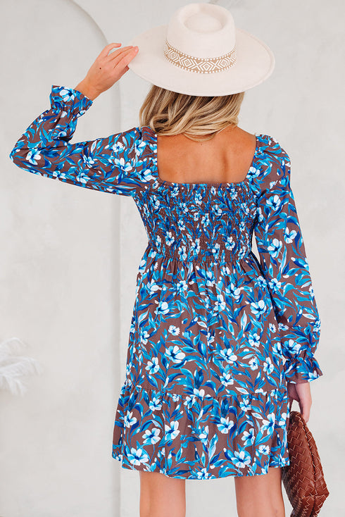 Smocked Bodice Ruffled Sleeve A Line Floral Dress