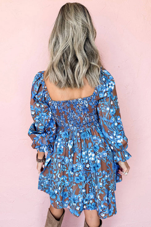 Smocked Bodice Ruffled Sleeve A Line Floral Dress