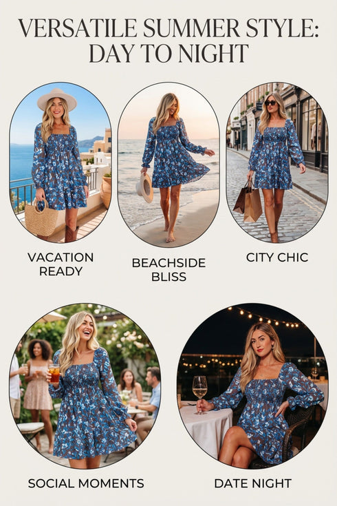Smocked Bodice Ruffled Sleeve A Line Floral Dress