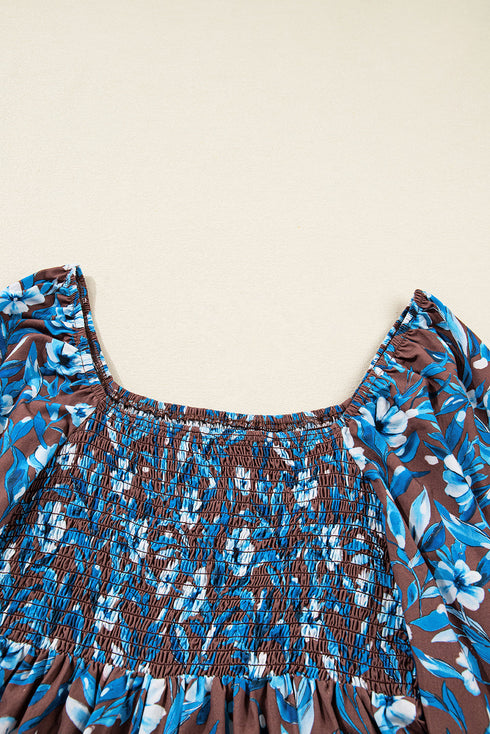 Smocked Bodice Ruffled Sleeve A Line Floral Dress