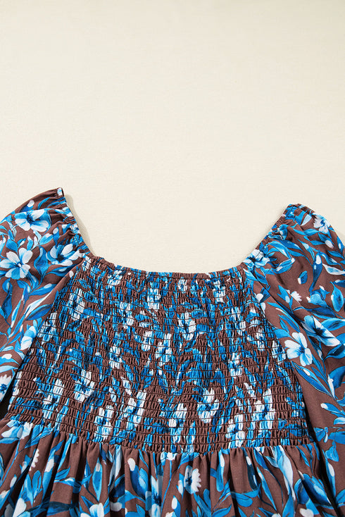 Smocked Bodice Ruffled Sleeve A Line Floral Dress