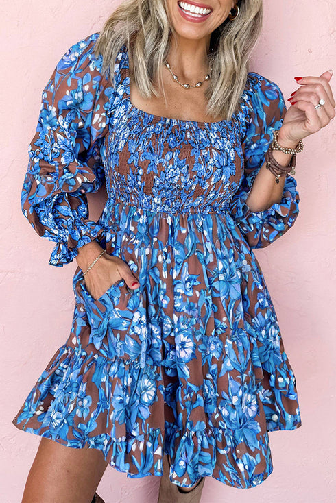 Smocked Bodice Ruffled Sleeve A Line Floral Dress