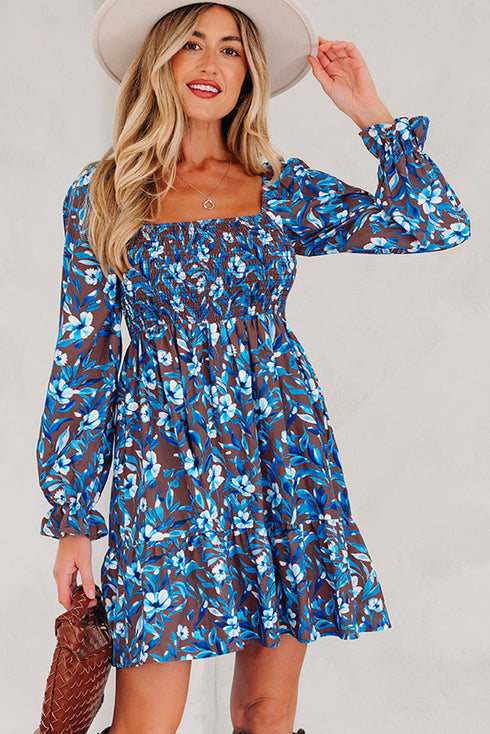 Smocked Bodice Ruffled Sleeve A Line Floral Dress