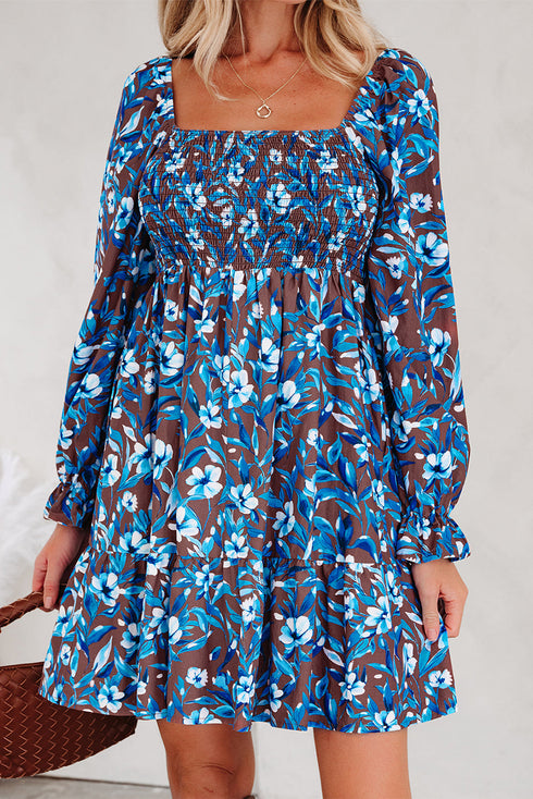 Smocked Bodice Ruffled Sleeve A Line Floral Dress