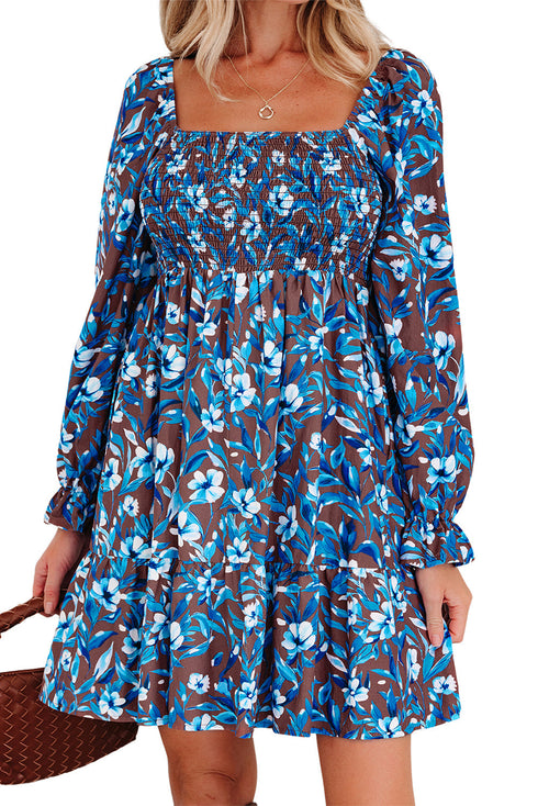 Smocked Bodice Ruffled Sleeve A Line Floral Dress