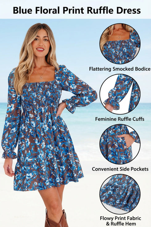 Smocked Bodice Ruffled Sleeve A Line Floral Dress