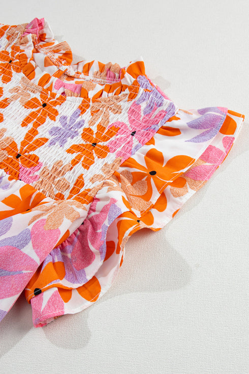 Smocked Bodice Ruffled Sleeve Floral Print Top