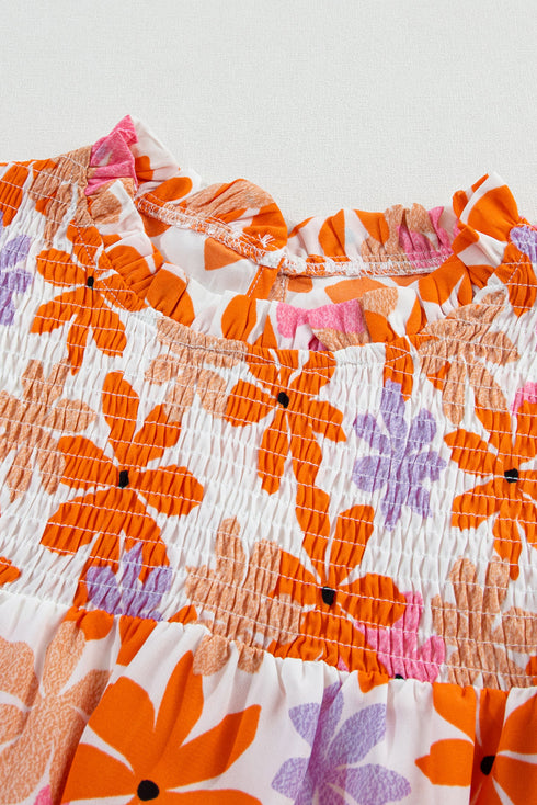 Smocked Bodice Ruffled Sleeve Floral Print Top
