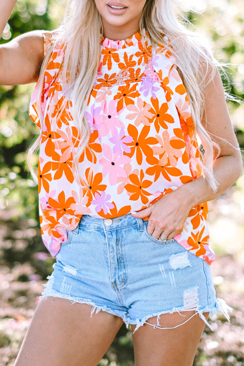 Smocked Bodice Ruffled Sleeve Floral Print Top