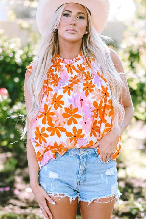 Smocked Bodice Ruffled Sleeve Floral Print Top