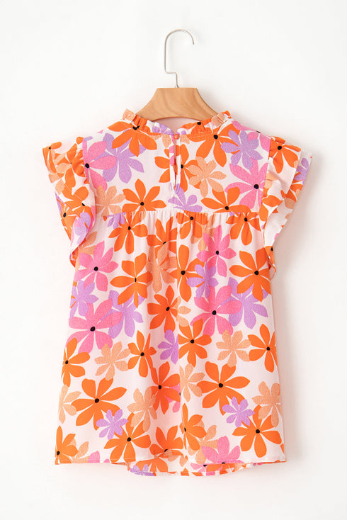 Smocked Bodice Ruffled Sleeve Floral Print Top