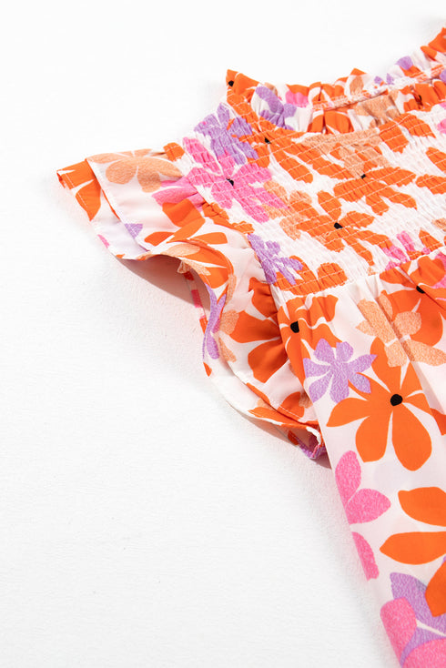 Smocked Bodice Ruffled Sleeve Floral Print Top