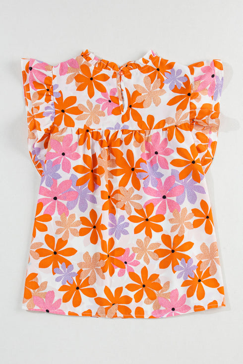 Smocked Bodice Ruffled Sleeve Floral Print Top