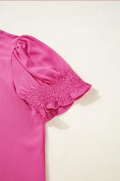 Smocked Bodice Short Puff Sleeve Square Neck Blouse