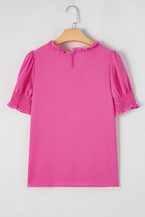Smocked Bodice Short Puff Sleeve Square Neck Blouse